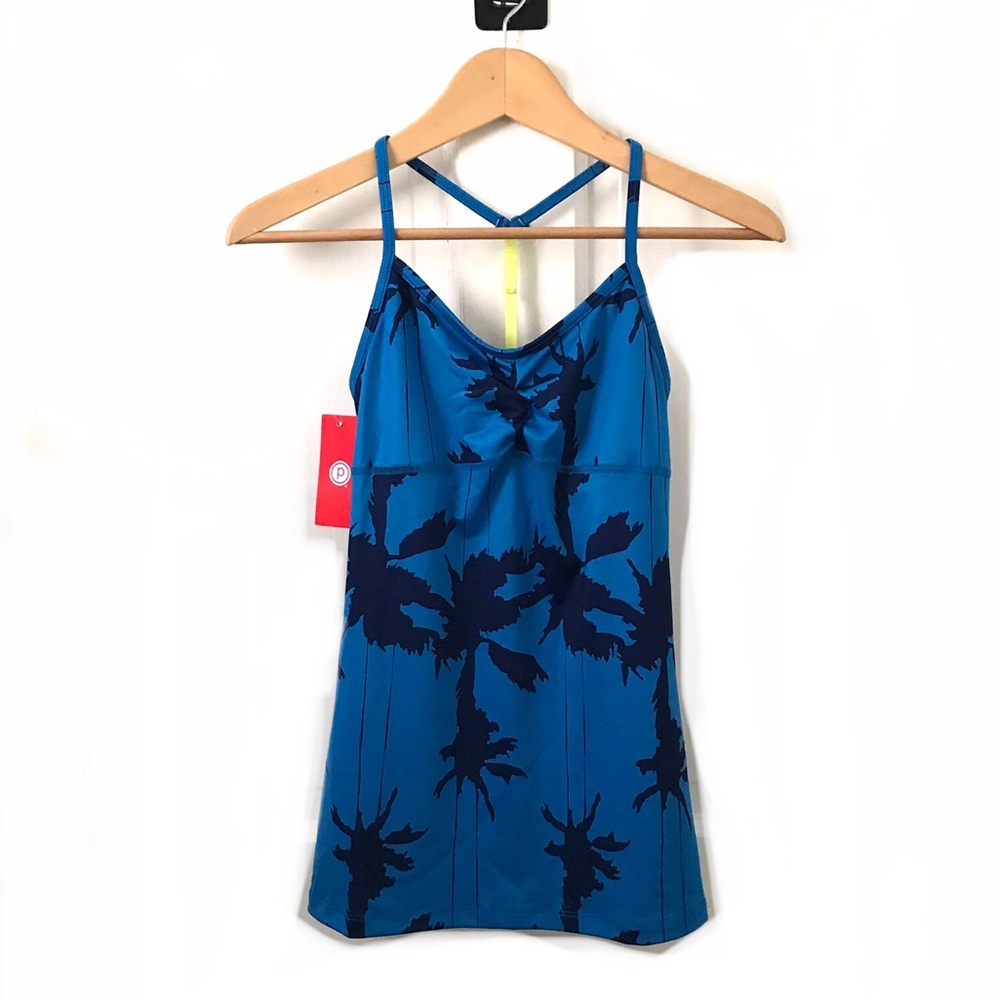 Pure Barre blue palm-print t-strap shelf-bra tank